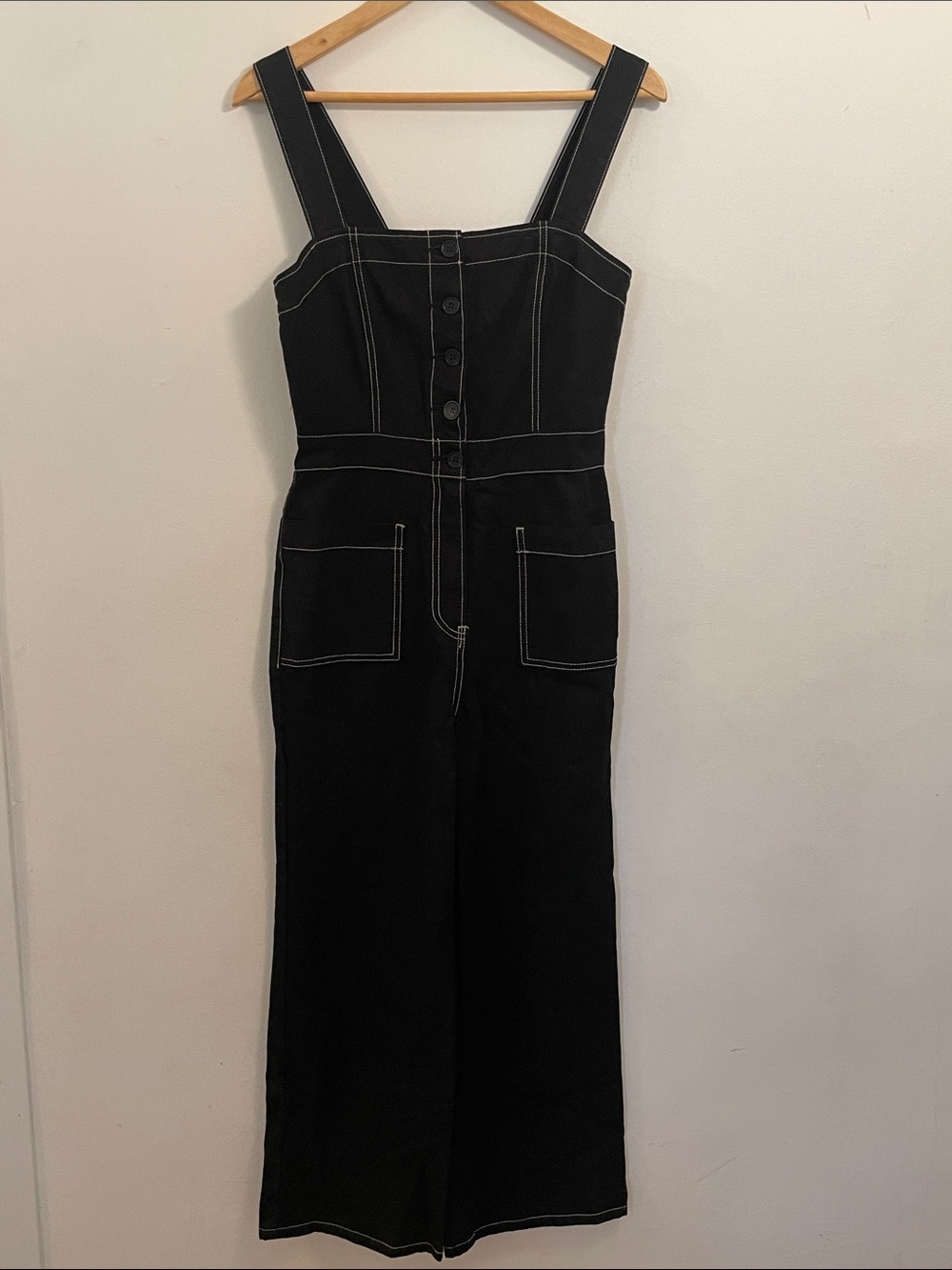 Reformation Black Contrast-Stitch Button-Front Denim Overalls - Picture 2 of 5